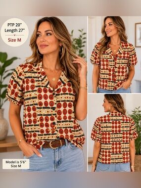 Joe Fresh Retro Geometric Button Front Blouse – Size M